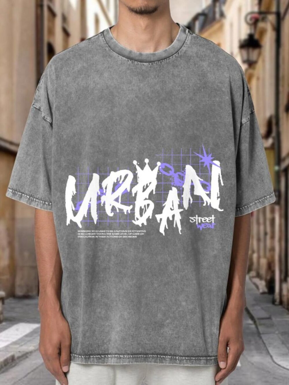 Dream Graffiti Crown Chain Purple Grid Streetwear T-shirt KP7Z5EGBQ802